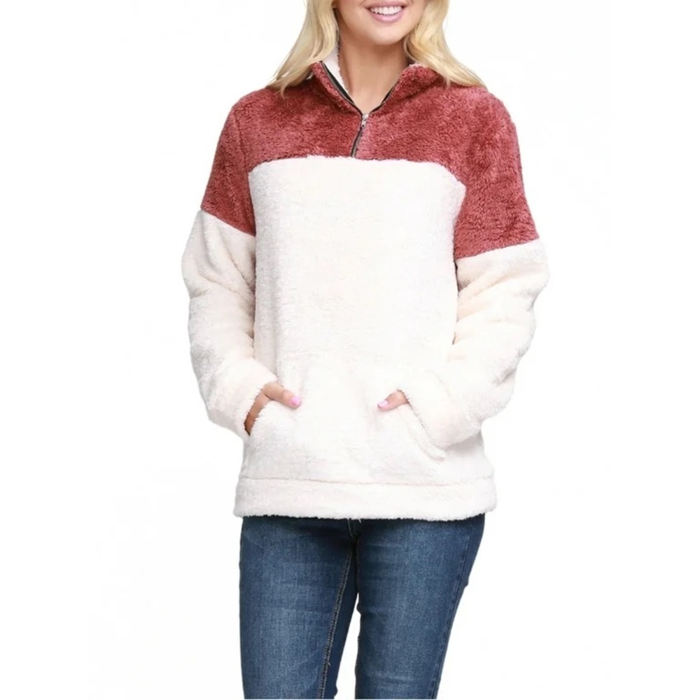 NWT Doublju Women's Soft Teddy Fleece Quarter Zip Pullover with Pocket Size 1X